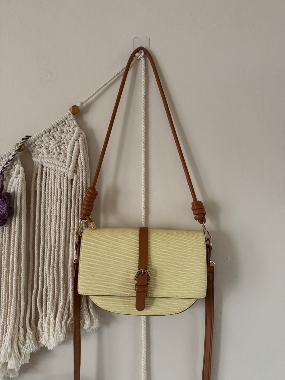 Miztique Pale Yellow Crossbody Bag with Brown Trim